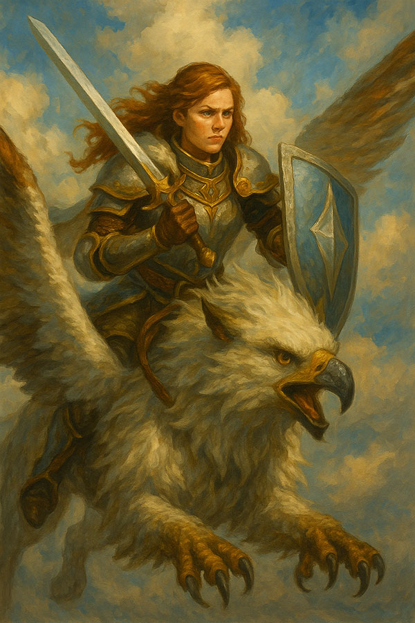 Ritterin auf einem Greifen reitend im Stil von Magic