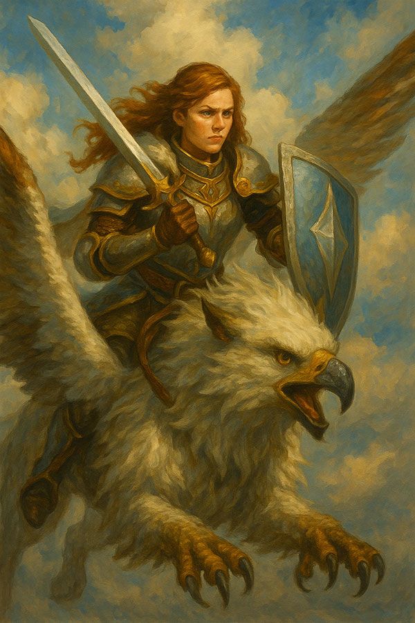 Ritterin auf einem Greifen reitend im Stil von Magic